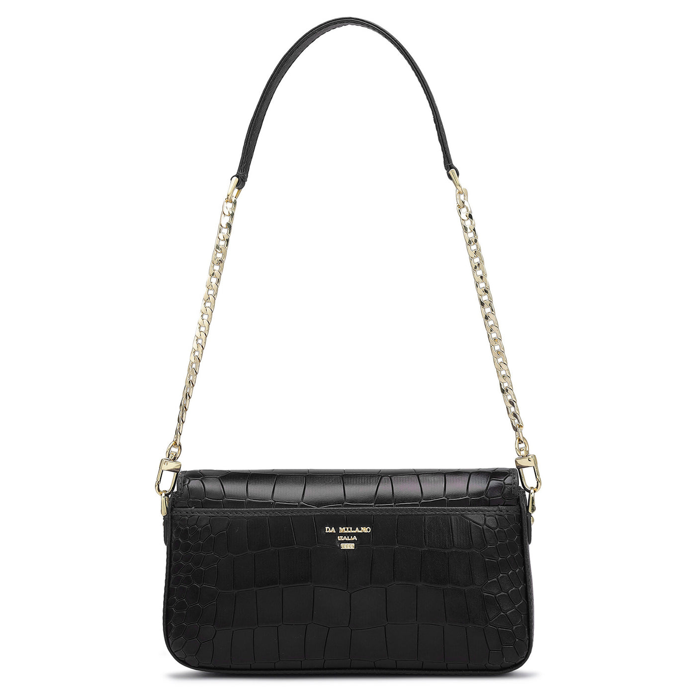 Small Croco Leather Baguette - Black