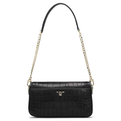 Small Croco Leather Baguette - Black