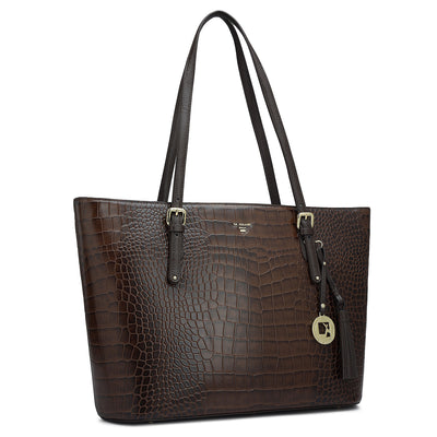 Large Croco Leather Tote - Brown