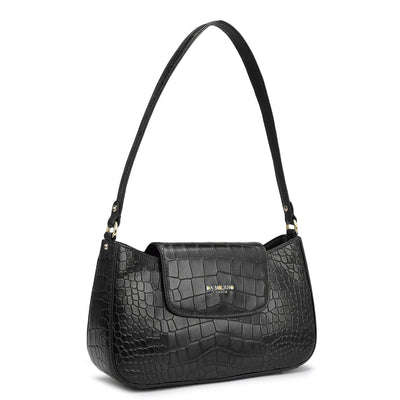 Small Croco Leather Shoulder Bag - Black