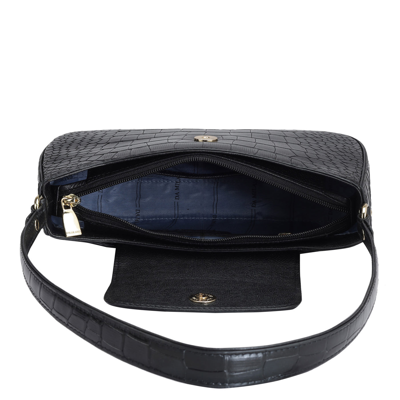 Small Croco Leather Shoulder Bag - Black