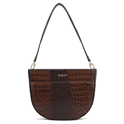 Small Croco Leather Baguette - Brown