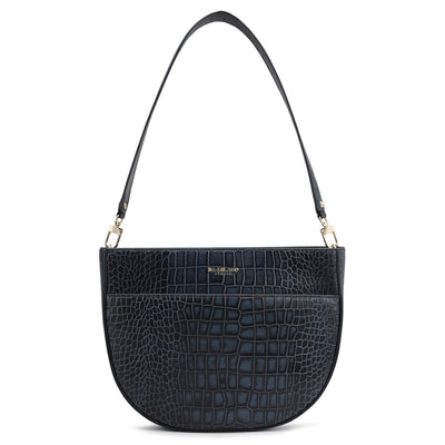 Small Croco Leather Baguette - Navy