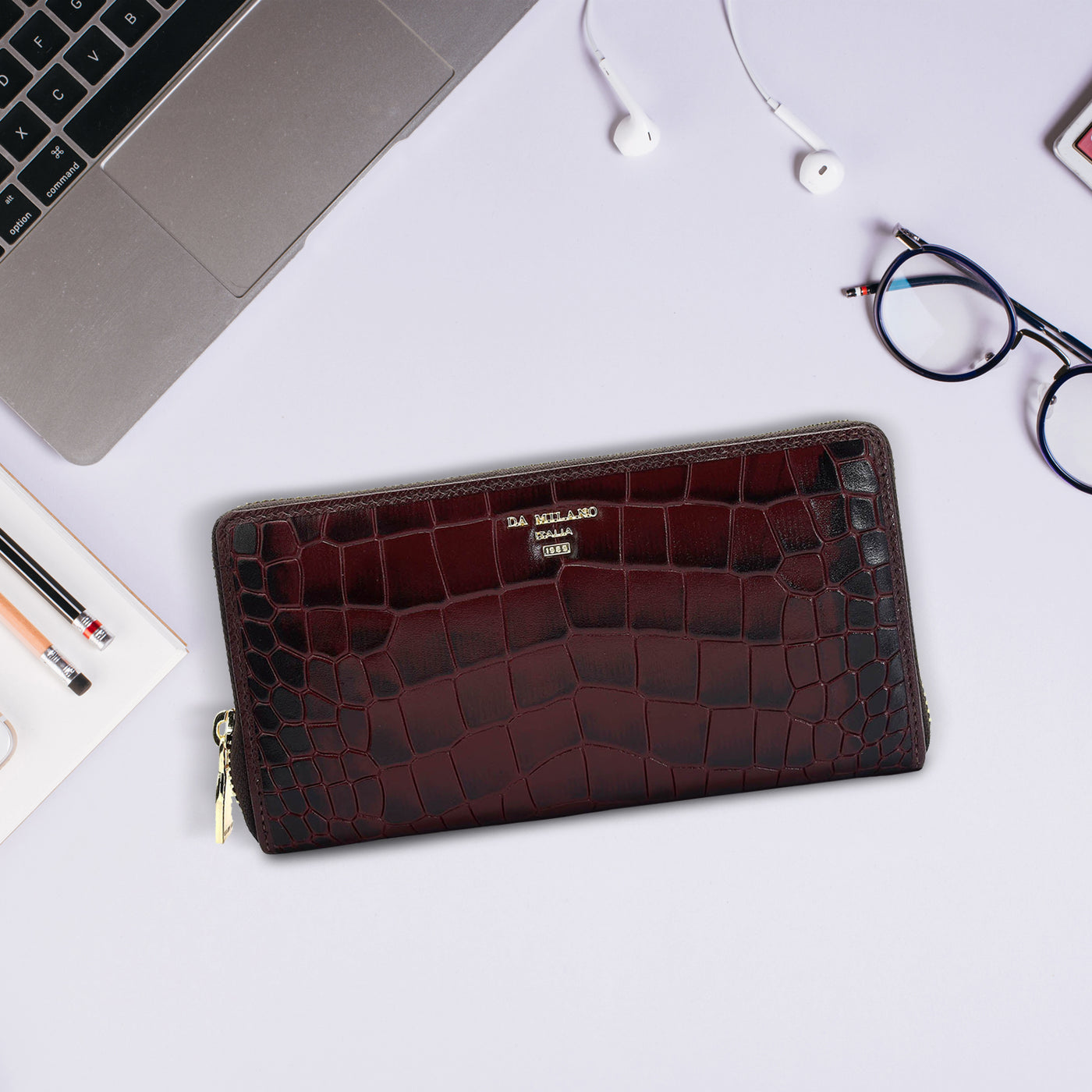 Croco Leather Ladies Wallet - Wine