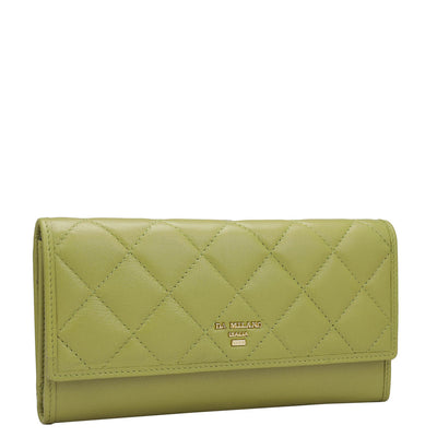 Quilting Plain Leather Ladies Wallet - Olive