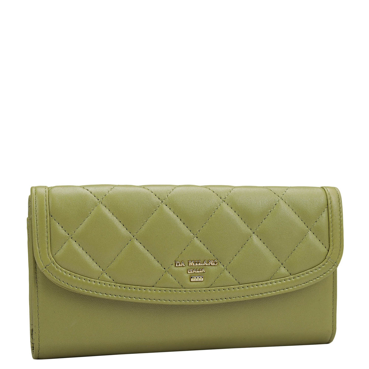 Quilting Plain Leather Ladies Wallet - Olive