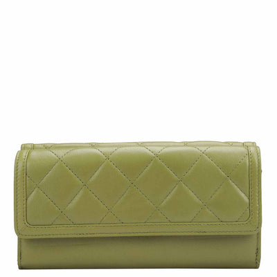 Quilting Plain Leather Ladies Wallet - Olive