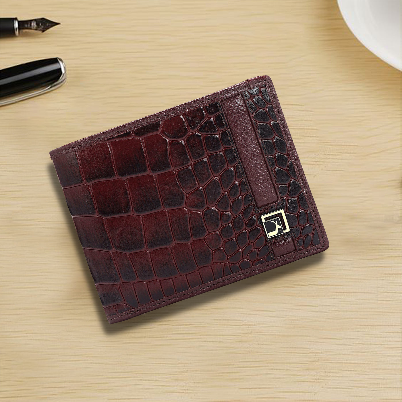 Wine Bifold Leather Mens Wallet