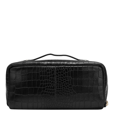 Large Croco Leather Vanity Pouch - Black