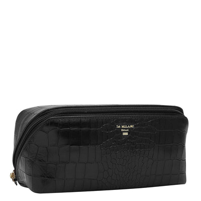 Medium Croco Leather Vanity Pouch - Black